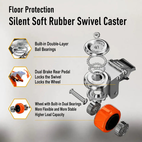 Detailed view of Silent Soft Rubber Swivel Caster with dual brake pedal and double-layer ball bearings for floor protection.