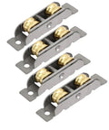 Heavy Duty Replacement Sliding Door Window Sash Pulley Wheels For Slick Slide Operation Dual Roller Setup Cuts Down On Dragging Frames Tough Brass And Stainless Steel Housing Comes In A 4 Piece Set, showing four brass and stainless steel wheels.