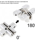 180 Degree Zinc Alloy Concealed Hinge for Folding Doors and Hidden Panels with Screws, showing open and closed positions