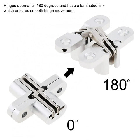 180 Degree Zinc Alloy Concealed Hinge for Folding Doors and Hidden Panels with Screws, showing open and closed positions