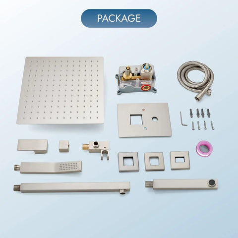 Wall Mount Shower System With 12 Inch Rainfall Shower Head And Handheld Spray Tub Spout Three Function Mixer Brushed Nickel Finish Luxury Rough In Valve For An Easy In Wall Installation And A Game Changing Bathroom Upgrade with parts layout.