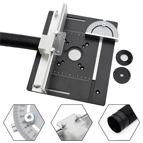 Heavy Duty Aluminum Alloy Router Table Insert Plate Trio Featuring Dead On Precision Drilled Holes And Rock Solid Angle Backstop Fence For Sweet Shop Setups with ruler and attachments.