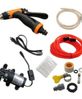 12V Portable Car Washer Gun High Pressure Cleaner Kit With Electric Water Pump Universal Fit All In One Includes 6M Hose And Connector 1.1M Inlet Pipe With Filter Spare Connector Car Charger components displayed
