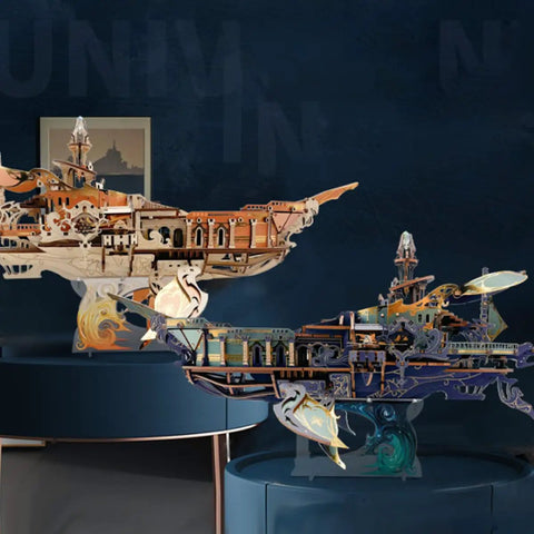 Epic 3D Steampunk Whale Airship Wooden Model Kit For DIY Puzzle Building With Mechanical Motion And Sound Effects