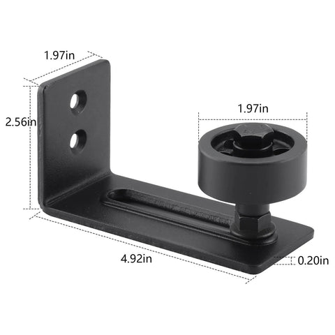 Sliding Barn Door Floor Guide With Adjustable Roller Wall Mount Eight Assembly Options Flush Bottom Design Black Finish Built Tough Carbon Steel Track And Nylon Roller System For Quiet Smooth Everyday Use