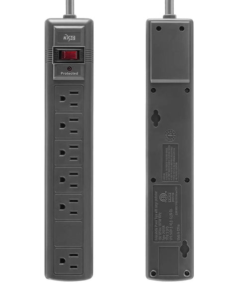 Front and back of 6-Outlet Surge Protector Power Strip 2-Pack With 1200 Joules 6ft Cord Spaced-Outlets And Overload Protection