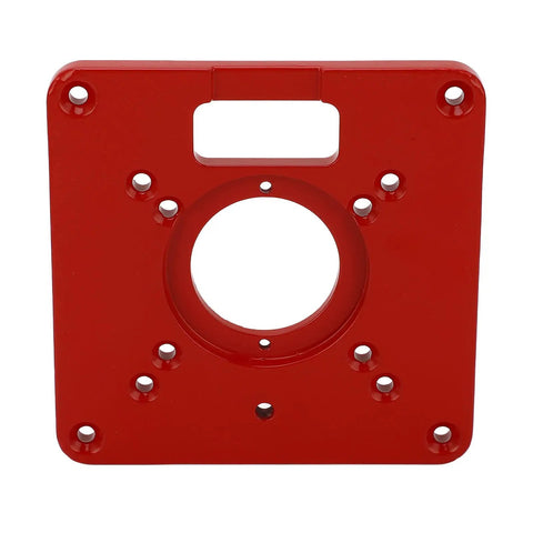 Boss Level Red Aluminum Alloy Router Table Insert Plate With Sweet Slick Surface And Dead Eye Alignment Scale Markings Plus Heavy Duty Guide Rings For Easy Woodworking Bench Upgrades, front view showing precision holes.