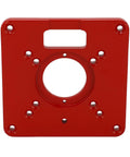 Premium Aluminum Router Table Insert Plate Built Tough With Dual Scale Alignment Dead Nuts Accurate Precision Calibration For Smooth Woodworking And No Sweat Setup, red aluminum plate with mounting holes.