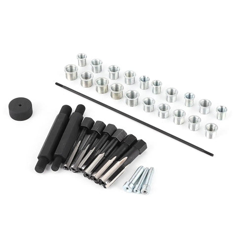 Pro Grade Glow Plug Thread Repair Kit 33 Piece Steel Set with M8x1 M10x1 M10x1.25 M12x1 M12x1.25 M14x1 taps and inserts