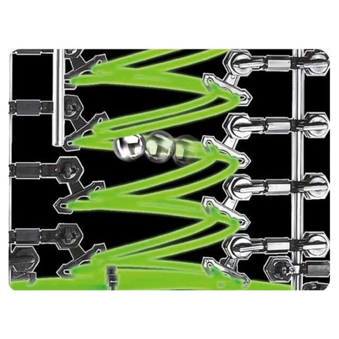 Close-up of 867 Piece Marble Roller Coaster Kit With Glow In The Dark Space Rail STEM Model Building Set with steel balls on track.
