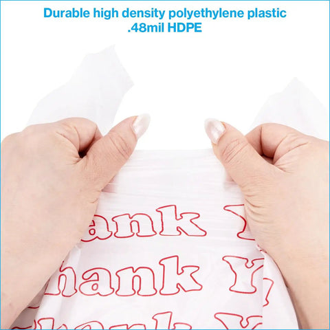 Hands holding White Thank You Bags Case Of 1000, 11.5 By 6 By 21 Inches, 0.48 Mil HDPE Plastic showcasing durability