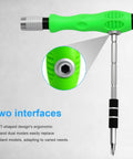 Close-up of 32 In 1 Magnetic Precision Screwdriver Set with T-shaped green handle and two interfaces.