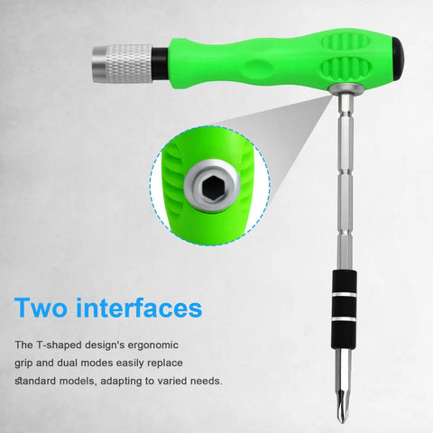 Close-up of 32 In 1 Magnetic Precision Screwdriver Set with T-shaped green handle and two interfaces.