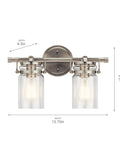 Farmhouse Vanity Light In Brushed Nickel With Clear Glass, Two Light Fixture For Modern Bathroom Or Powder Room, 15.75 Inch Wide By 10 Inch High, Ambient Glow Above Mirror, Clean Contemporary Style, front view showing dimensions.
