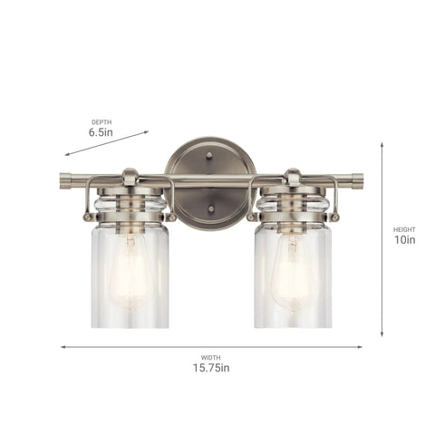 Farmhouse Vanity Light In Brushed Nickel With Clear Glass, Two Light Fixture For Modern Bathroom Or Powder Room, 15.75 Inch Wide By 10 Inch High, Ambient Glow Above Mirror, Clean Contemporary Style, front view showing dimensions.
