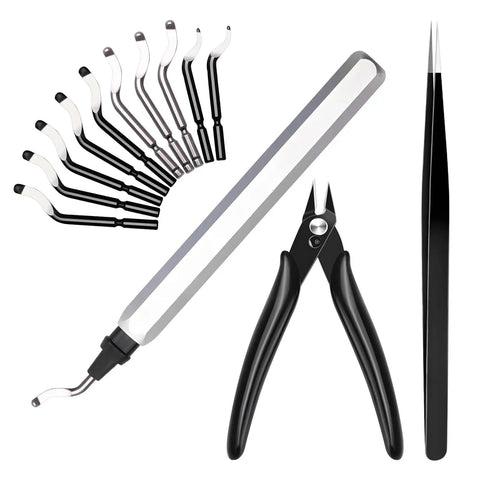 Deburring Tool Set for 3D Printing and Metal Work with 10 High Speed Steel Blades, Micro Cutter Tweezers, Handle and Flush Cutter