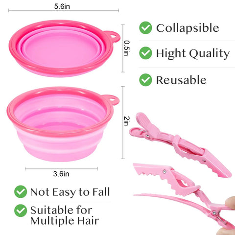 Collapsible pink mixing bowl and hair clip from 11 Piece Hair Coloring Kit For Home Dyeing With Pro Grade Tools Including Mixing Bowl Dye Brush Clips And Earmuffs Perfect For Bleaching And Dye At Home