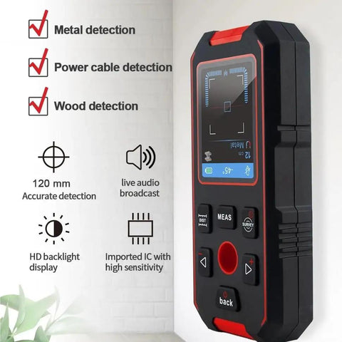 Heavy Duty Wall Scanner With Digital Depth Gauge And Hella Accurate Live Wire Detection For Drywall Installation features metal, wood, and cable detection.