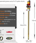 Industrial Grade Pneumatic Grease Pump For 55 Gallon Drums Air Powered With 16 Foot Hose 40 To 1 High Pressure Ratio image with specifications.