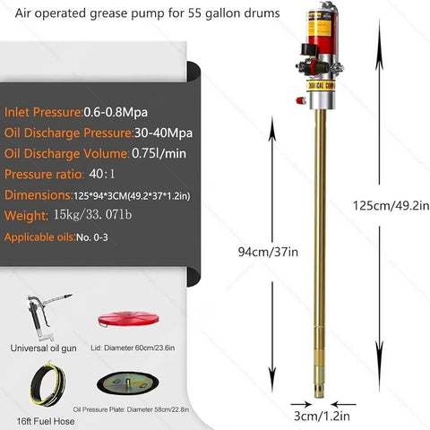 Industrial Grade Pneumatic Grease Pump For 55 Gallon Drums Air Powered With 16 Foot Hose 40 To 1 High Pressure Ratio image with specifications.