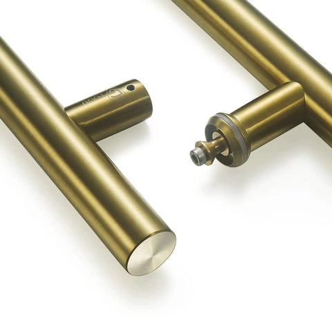 48 Inch Solid Stainless Steel Push Pull Door Handle Built To Last With Heavy Duty Standoffs Commercial Grade 304 Satin Gold Finish For Barn Doors And Glass Doors Rugged Mounting Hardware, satin gold close-up