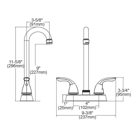 Diagram of Everyday LK2477CR Deck Mount Bar Faucet with Lever Handles detailing dimensions and features.