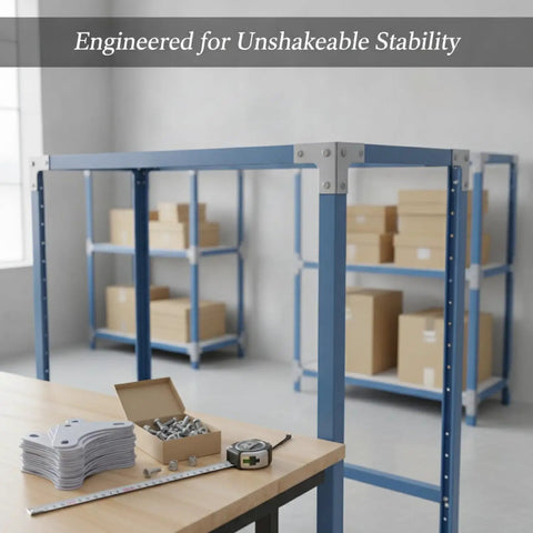 Heavy Duty 4.7 x 3.9 Inch Angle Steel Shelf Brackets Set, assembled on metal racks in garage with hardware on table, 16-Pack