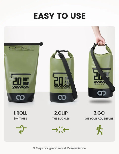Waterproof Dry Bag With Phone Pouch And Floating Roll Top Backpack 10L Green Built For Everyday Adventures, step-by-step use guide