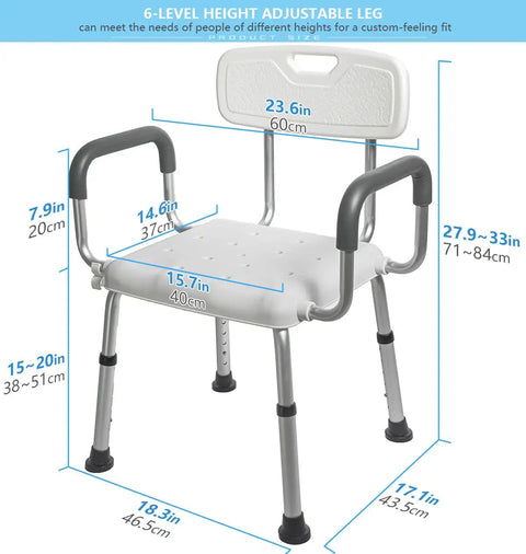 Shower Chair For Seniors With Wide Seat And Easy Assembly, Adjustable Height, Non Slip Bath Stool, Aluminum Frame, 6-level adjustable legs.