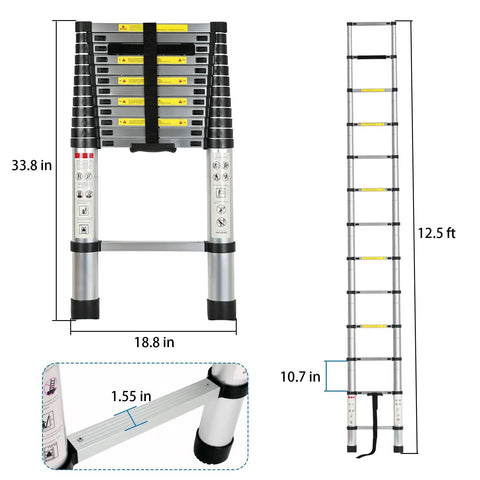 12.5 Foot Portable Aluminum Telescoping RV Ladder Heavy Duty, Rust Resistant, Fits Lippert On The Go Receiver, Easy Folding Design For Rooftop Access And Camp Life; folded 33.8 in