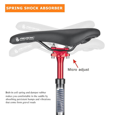 Shock Absorbing Bike Seatpost 31.6 X 400mm shown with micro adjust feature, red black aluminum finish beneath bike seat
