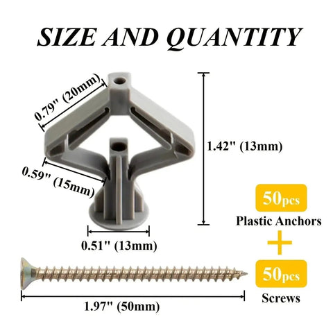 Self Drilling Drywall Anchors Kit With Screws, 50 pcs plastic anchors and zinc-plated screws with size labels