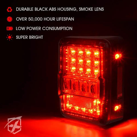 4D Smoked LED Tail Lights For 2007 To 2018 Jeep Wrangler JK JKU, glowing red with smoke lens, black ABS housing, super bright