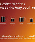Killer Fully Automatic Espresso Machine With Slick Ceramic Grinder And One Touch Milk Frother For Silky Lattes And Bold Black Coffee Plus No Sweat Touch Panel And Smart Aqua Filter In Sleek Black Design, showcasing 4 coffee varieties.