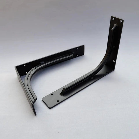Heavy-Duty Wall Mount Shelf Brackets, Solid Steel Triangle Supports For Floating Shelves, Matte black finish and curved design.