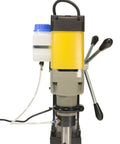 Heavy Duty Magnetic Drill Paired With Seven Piece 2 Inch HSS Annular Cutter Kit For Grit And Grind Metal Fabrication And Tough Job Site Demands Featuring Smooth Rack And Pinion Depth Control Rig, yellow and gray design, front view.