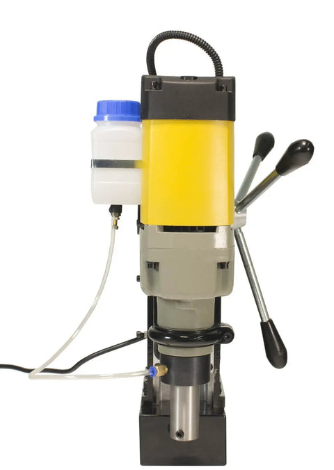Heavy Duty Magnetic Drill Paired With Seven Piece 2 Inch HSS Annular Cutter Kit For Grit And Grind Metal Fabrication And Tough Job Site Demands Featuring Smooth Rack And Pinion Depth Control Rig, yellow and gray design, front view.