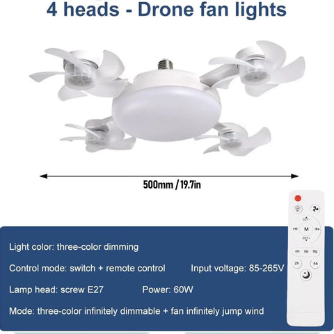 Totally Slick Remote Controlled Ceiling Fan Light Combo delivering three speed breezes with four drone fan heads for home use.
