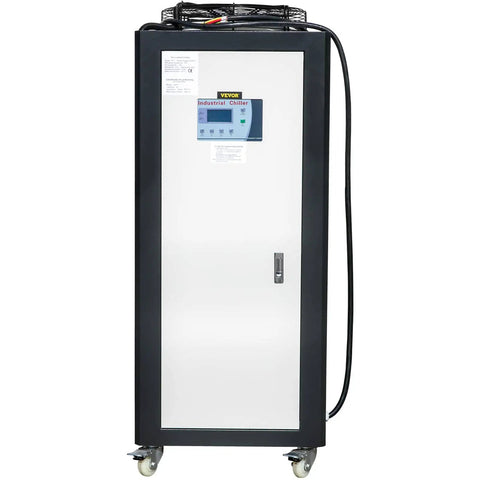 Front view of Air Cooled Water Chiller 5 Ton Portable Industrial Cooling Unit With 5HP Compressor 53L Stainless Steel Tank.