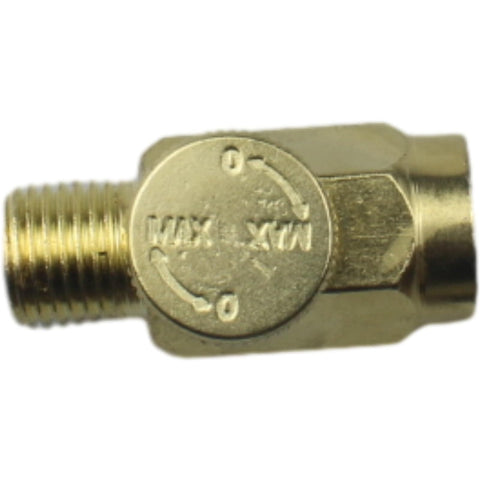 Close-up of Brass In-Line Air Flow Regulator Adjustable 1/4 Inch NPT Male and Female In-Line Air Flow Valve Set for precision control