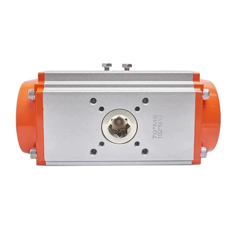 No Sweat At240 Air Pneumatic Actuator for Butterfly and Ball Valves, silver metal body, orange accents, top view, industrial use.