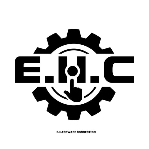 E.H.C logo with gear design, finger pressing circle, representing E-Hardware Connection services.