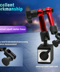Red adjustable magnetic base holder for digital dial indicator with clamps and square base.
