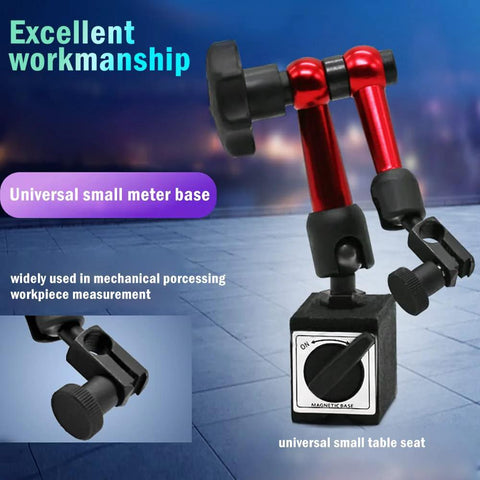 Red adjustable magnetic base holder for digital dial indicator with clamps and square base.