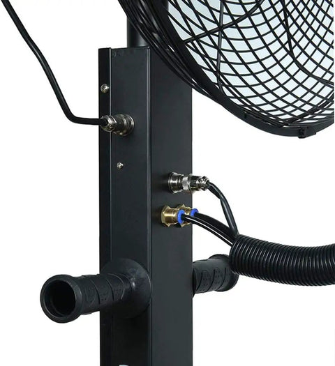 Connection ports and hoses of Heavy Duty Floor Fan With Three Speed Settings And Smooth Oscillating Cooling for misting operation.