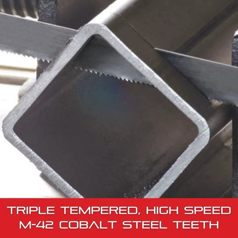 Versatix MP Bi-Metal Band Saw Blade with M-42 cobalt teeth cutting metal tubing for fast, clean cuts