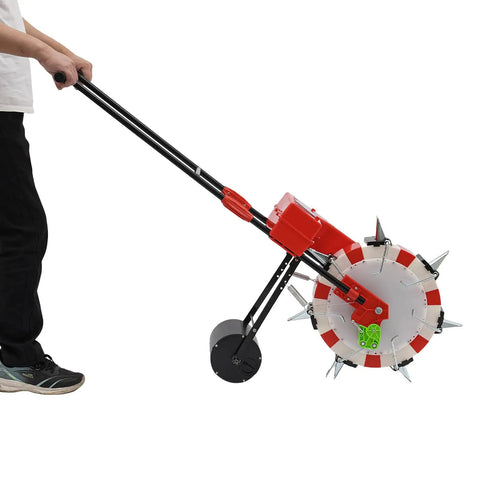 Hand pushing Hands On Walk Behind Seeder for garden planter with roller spreader and 7 nozzles, durable iron and ABS construction