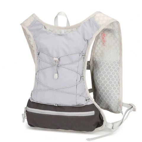 Front view of Go To Lightweight Hydration Running Backpack With Breathable Vest, adjustable straps, reflective strips, grey color