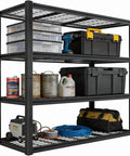 Beefy 4 Tier Heavy Duty Metal Storage Shelving Unit with 2240 lbs total load capacity, tools and supplies organized on shelves.