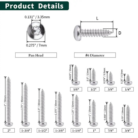 Product details showing Pro Shop Grade Pan Head Self Tapping Screws With Sharp Torx Drive Points And Full Thread Runouts, sizes and dimensions.